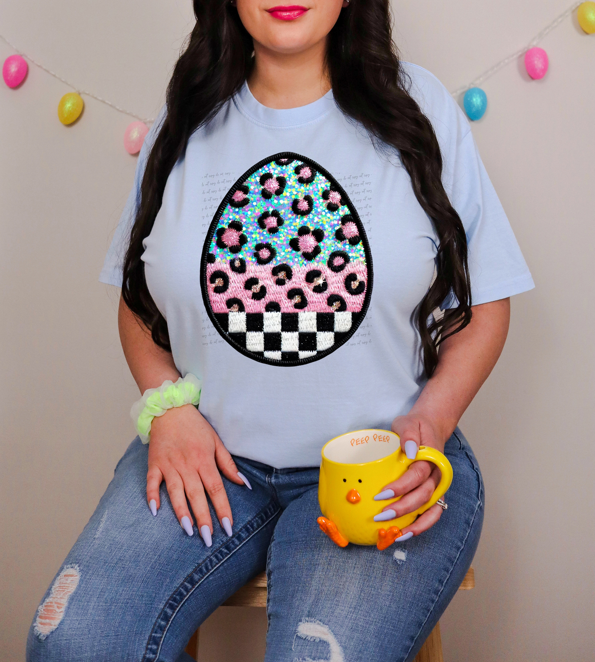 Faux Embroidery Sequins Checkered Easter Egg 86003 DTF Transfer