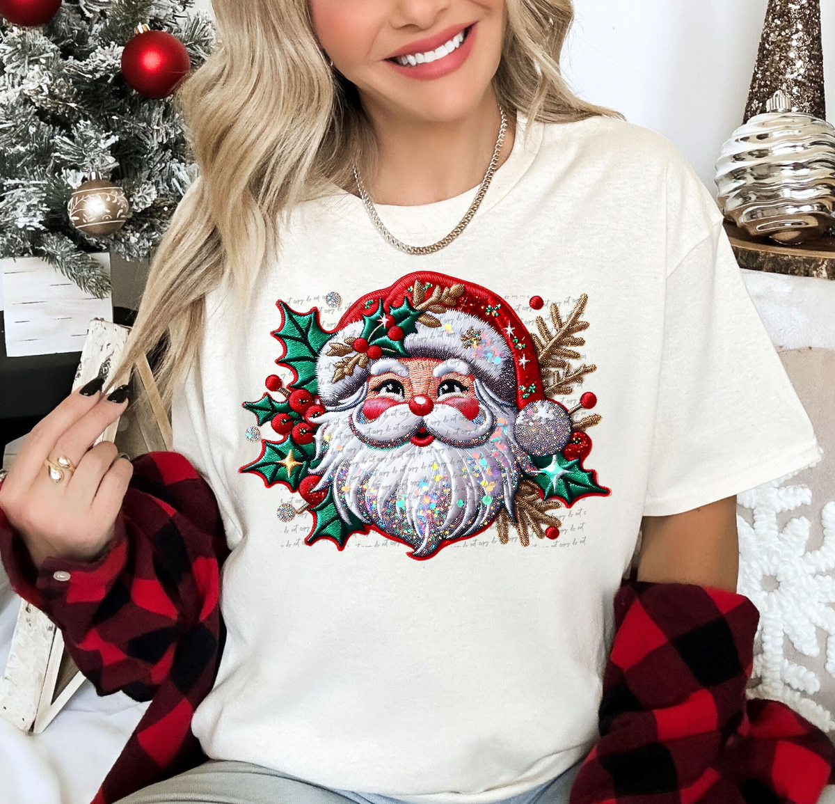 Faux Embroidery Stones Santa Red Hat Mistletoe 61101 DTF Transfer