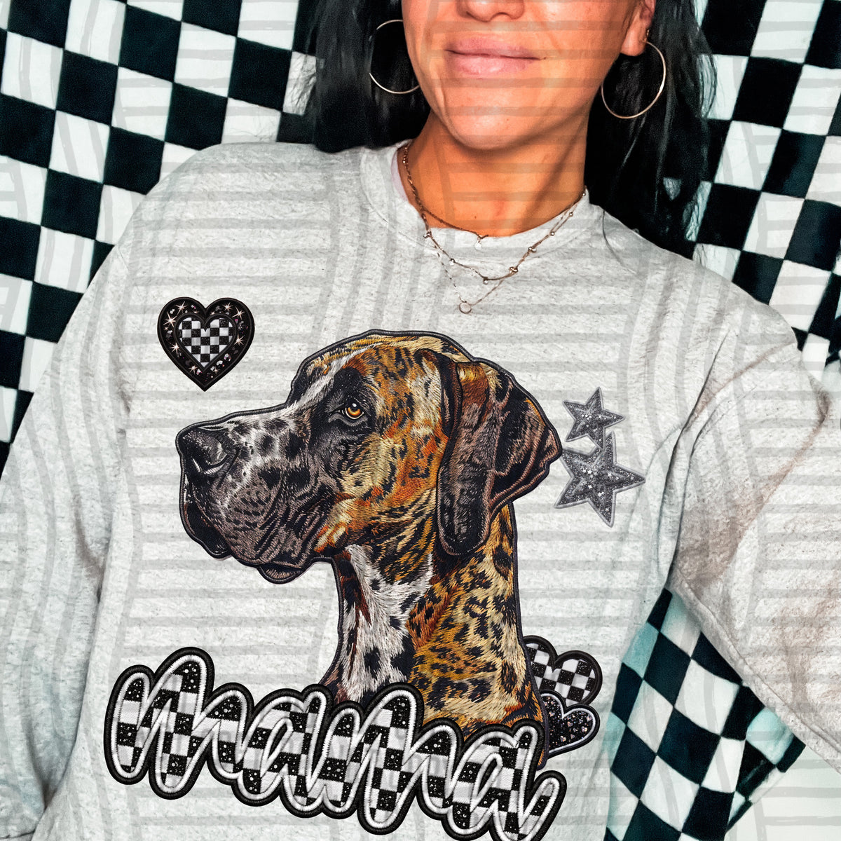 Fawn harlequin great dane mama checkered font (DKD) DTF Transfer