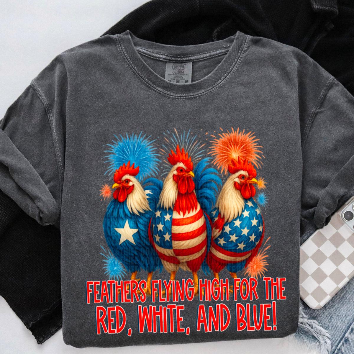 Feathers flyin' high for the red, white, and blue! Chickens (SDD) DTF transfer