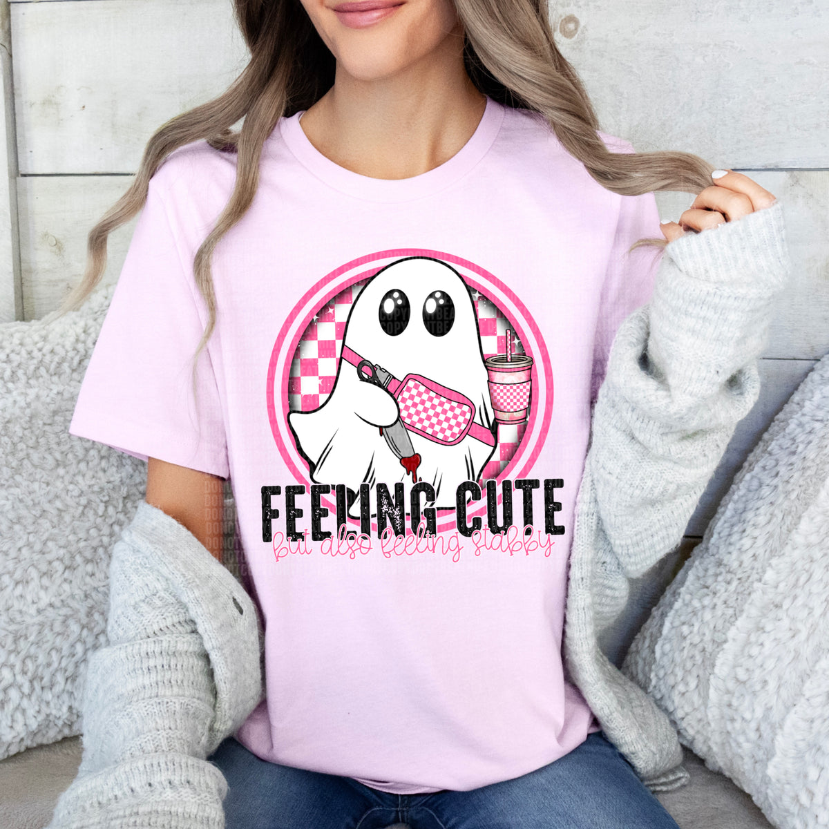 Feeling cute but also feeling stabby pink circle ghost  DTF transfer