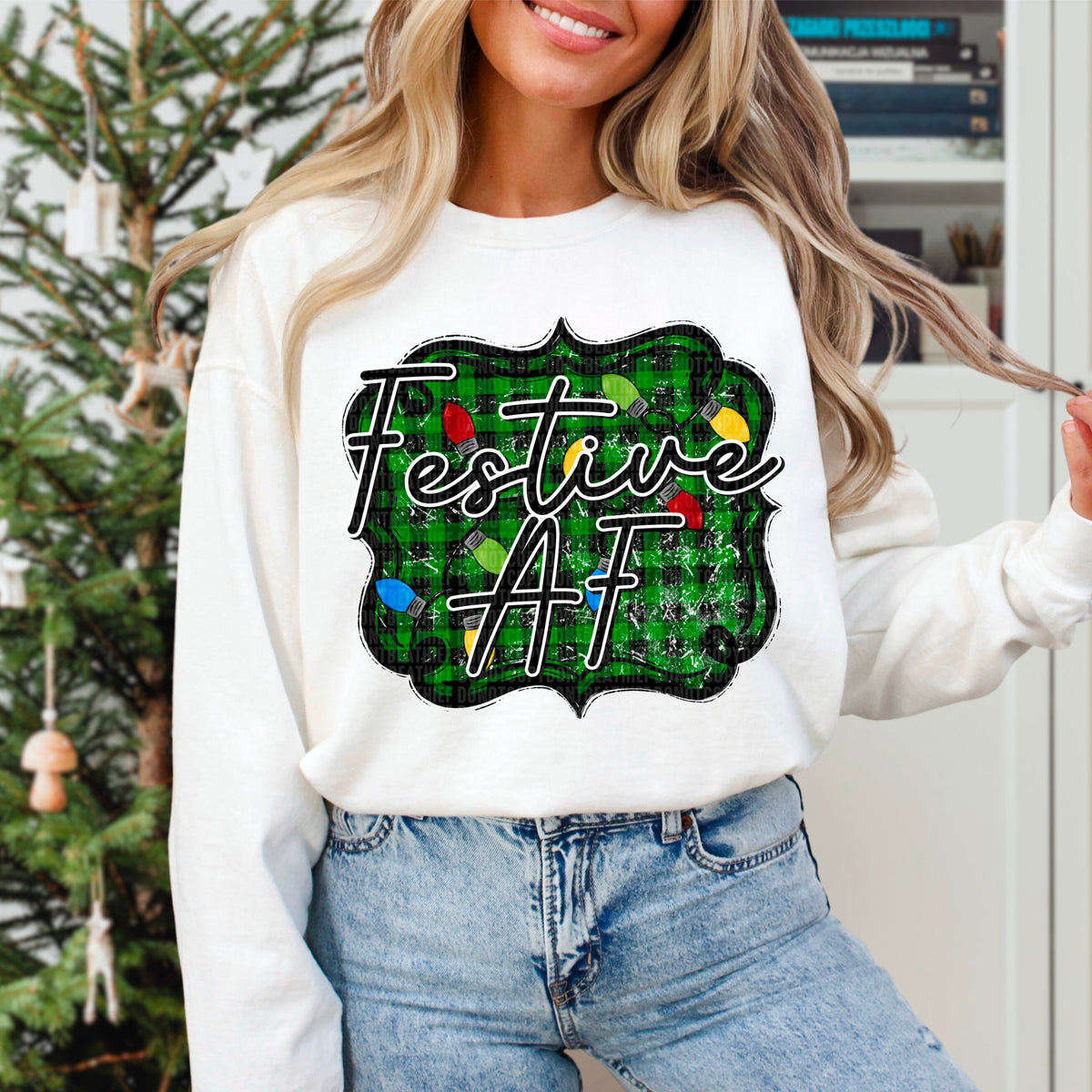 Festive AF Christmas Light Checkered Background 104105 DTF transfer