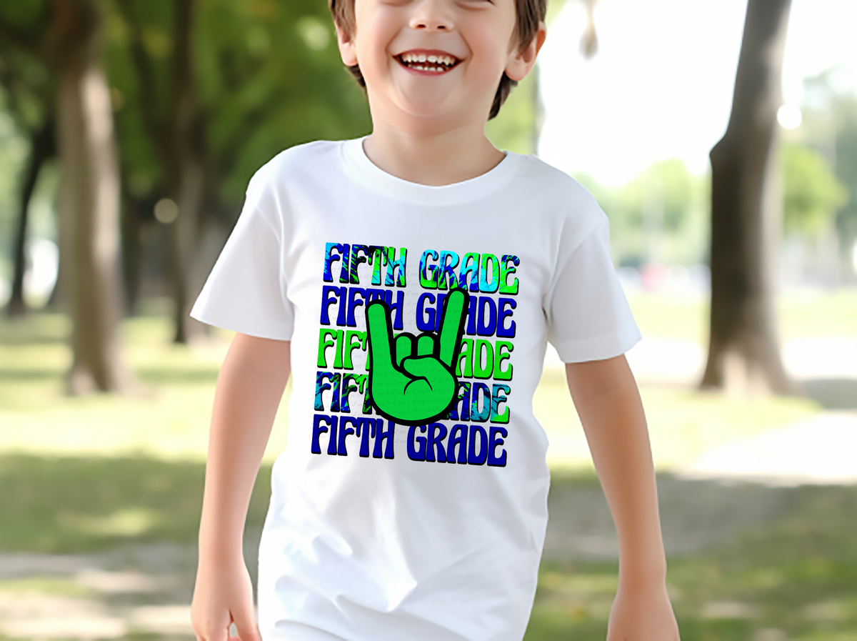 Fifth Grade Stacked Blue and Green Tie Dye Rock Hand Boy 115761 DTF Transfer