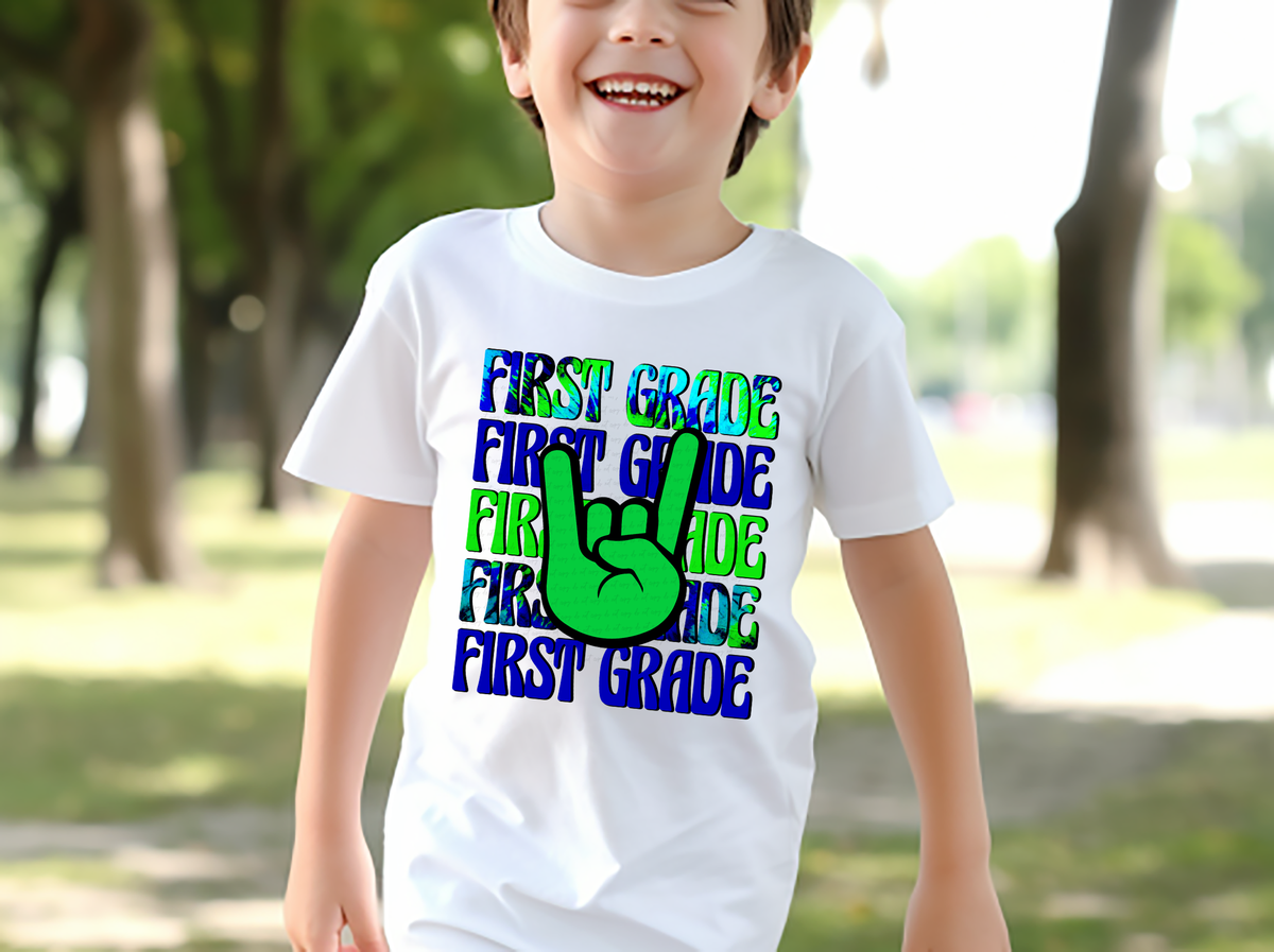 First Grade Stacked Blue and Green Tie Dye Rock Hand Boy 115763 DTF Transfer