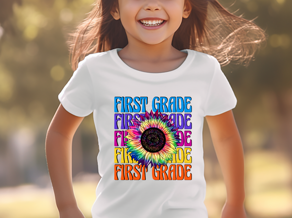 First Grade Stacked Tie Dye Sunflower Girl 115764 DTF Transfer