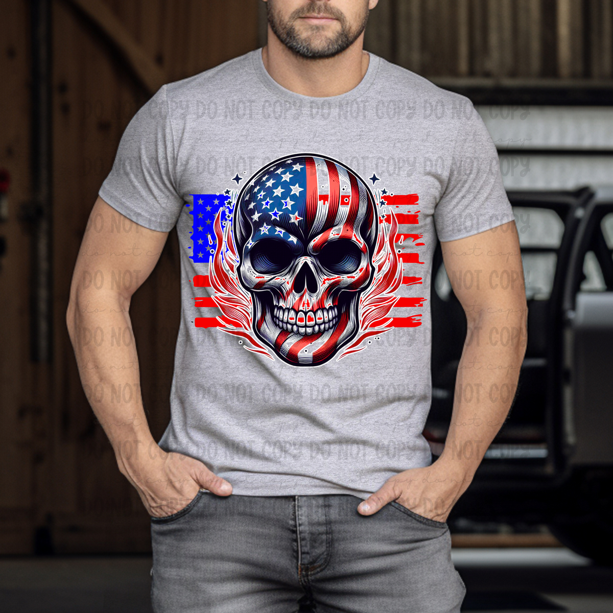 American Flag Skull and Background COLOR (Revel) 101734 DTF transfer