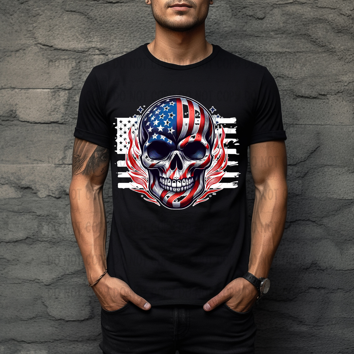 American Flag Skull and Background WHITE (Revel) 101735 DTF transfer