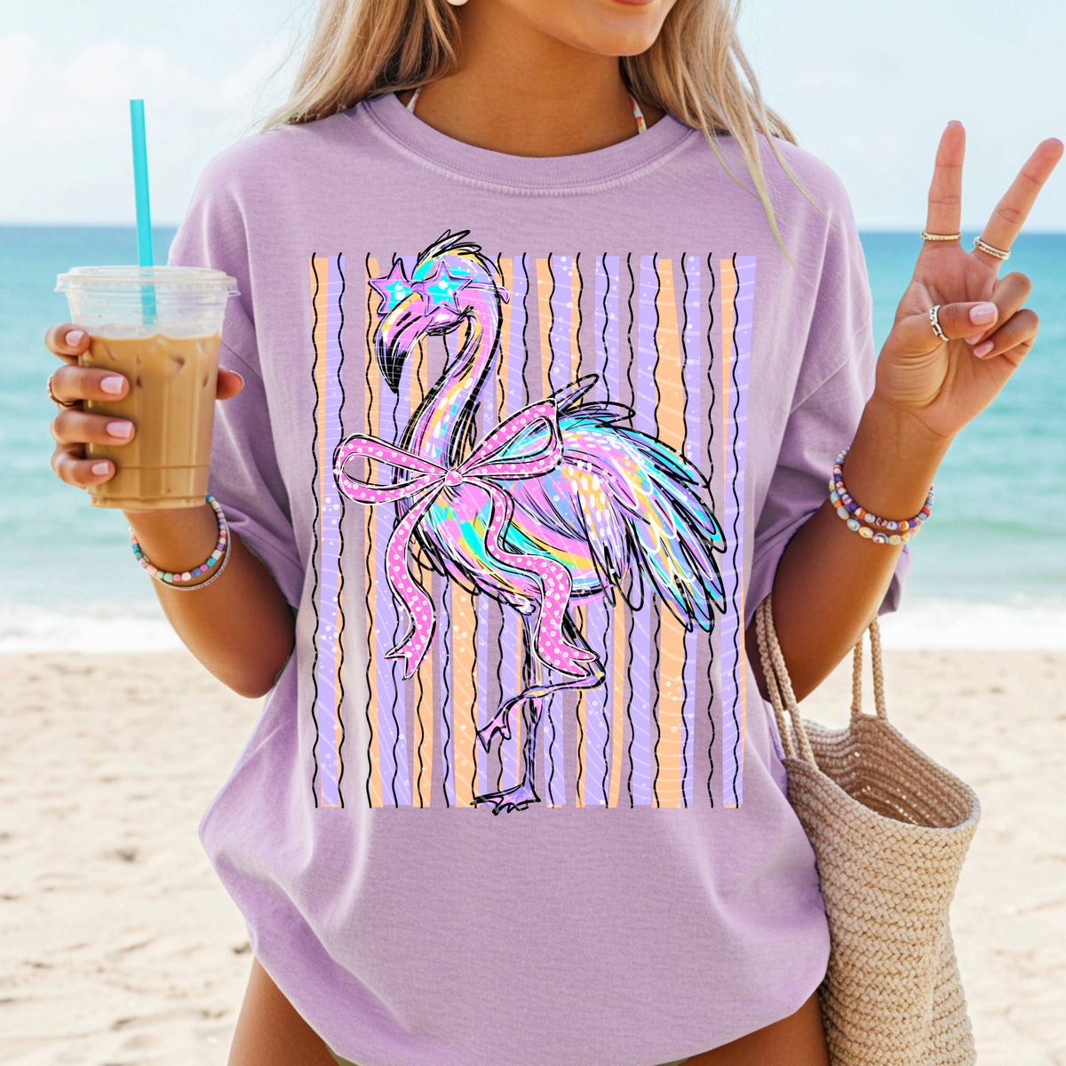 Flamingo w stripes and bow (pastels) (AG) DTF Transfer