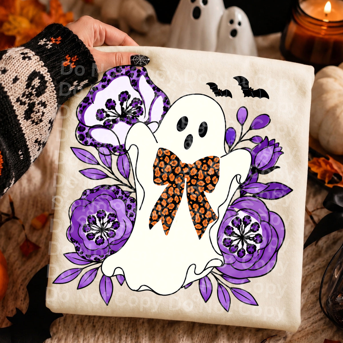 Ghost with purple flowers orange and black cheetah bow (Irene) DTF Transfer