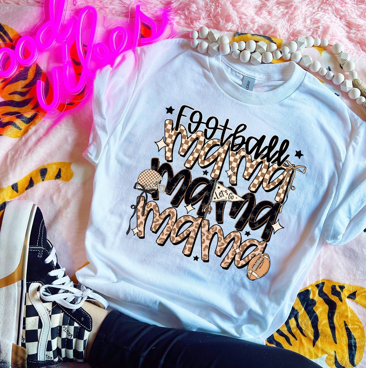 Football Mama Brown Stacked Checkered Helmet 111448 DTF transfer