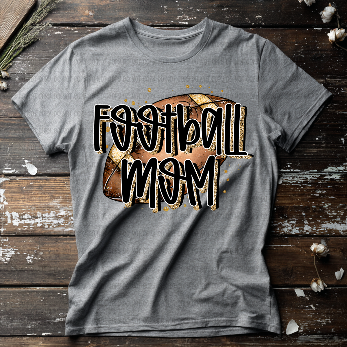 Football mom faux glitter outline (ball background) (Revel) DTF Transfer