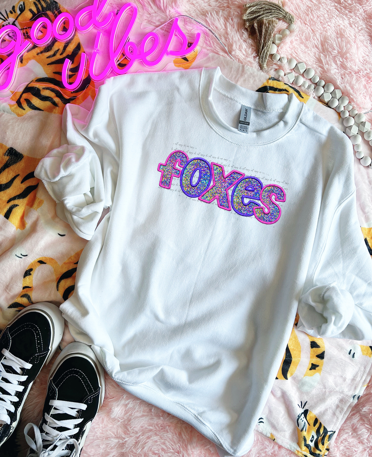 Foxes Faux Embroidery Pink Blue 76053 DTF Transfer