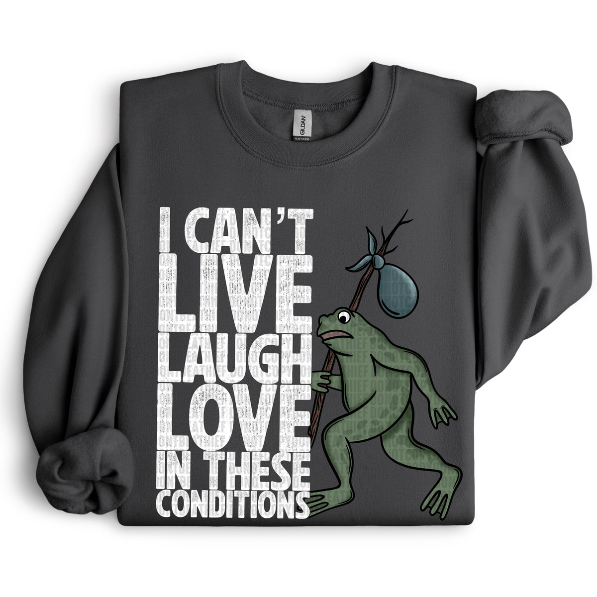 I Can't Live Laugh Love In These Conditions Frog White Font 104333 DTF transfer