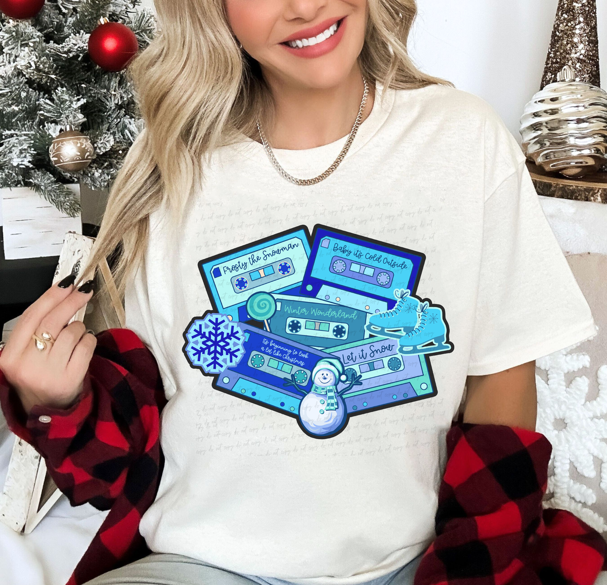 Frosty The Snowman, Baby It's Cold Outside Winter Wonderland Let It Snow Blue Cassette Tapes 114915 DTF Transfer