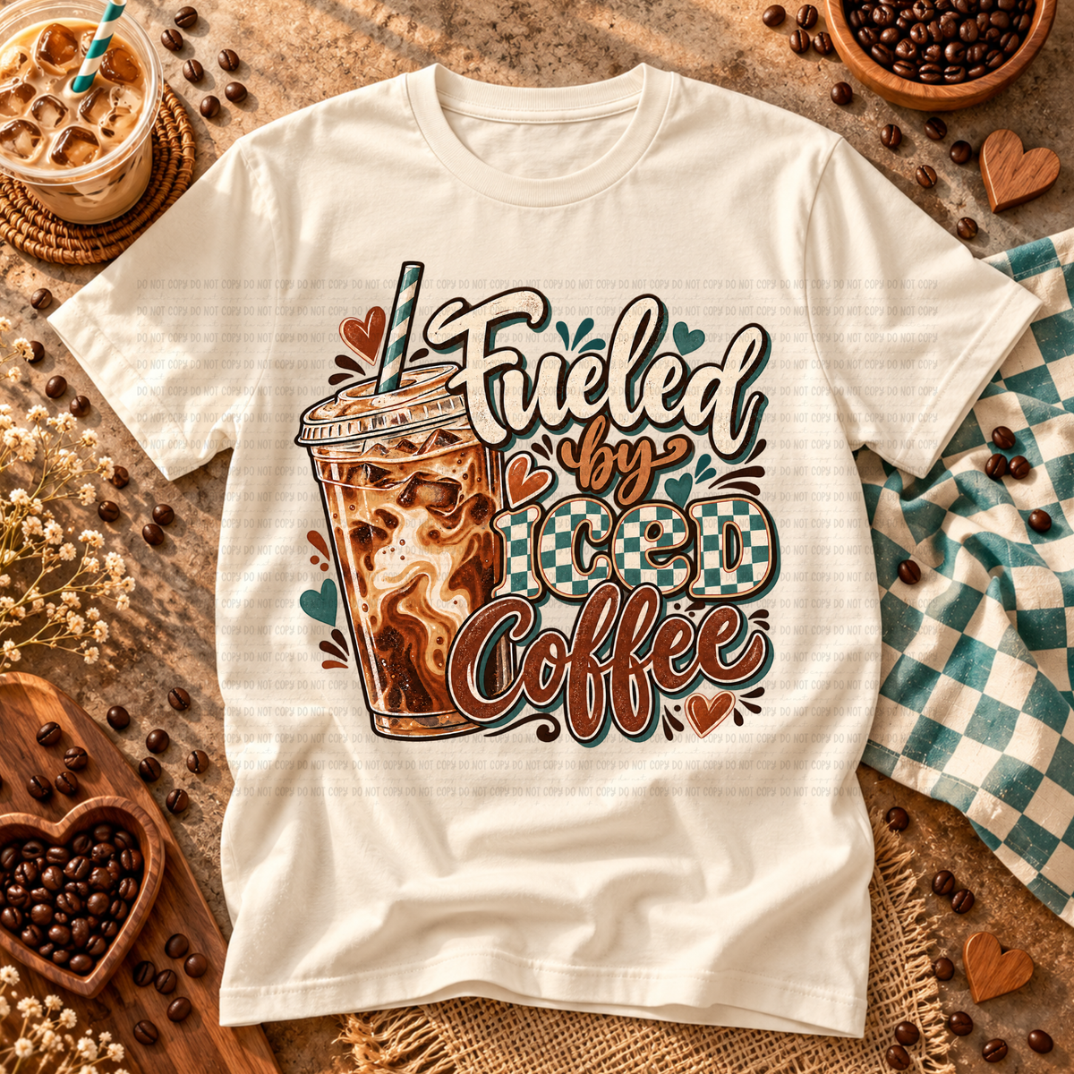 Fueled by iced coffee blue and white checkered (Revel) DTF Transfer
