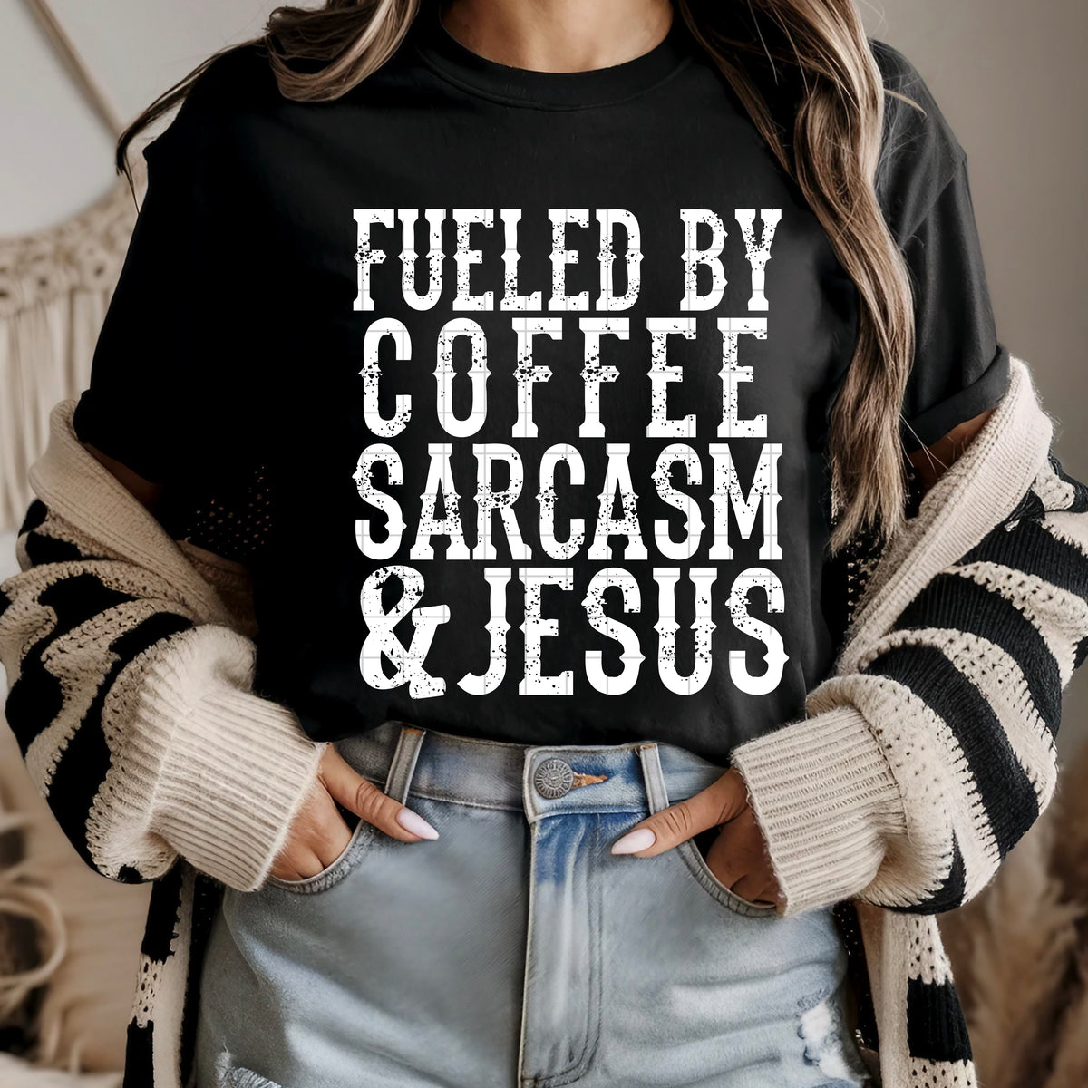 Fueled by coffee sarcasm & Jesus WHITE (SDD) DTF Transfer