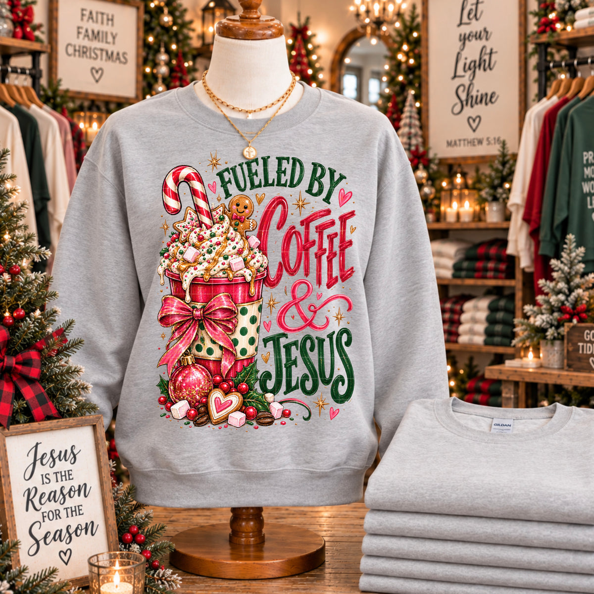 Fueled by coffee & Jesus green red and pink (SDD) DTF Transfer