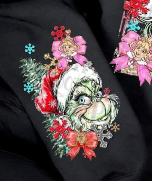 Green Guy with red hat and bows (SLEEVE) (SSD) DTF transfer