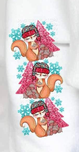 sequin with squirrel, pink tree, nuts, snowflakes SLEEVE 15186 DTF Transfer