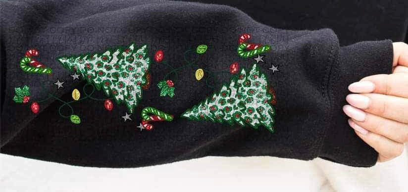 Verry merry Embroidered leopard trees with candy canes and Christmas lights SLEEVE ONLY 15055 DTF Transfer