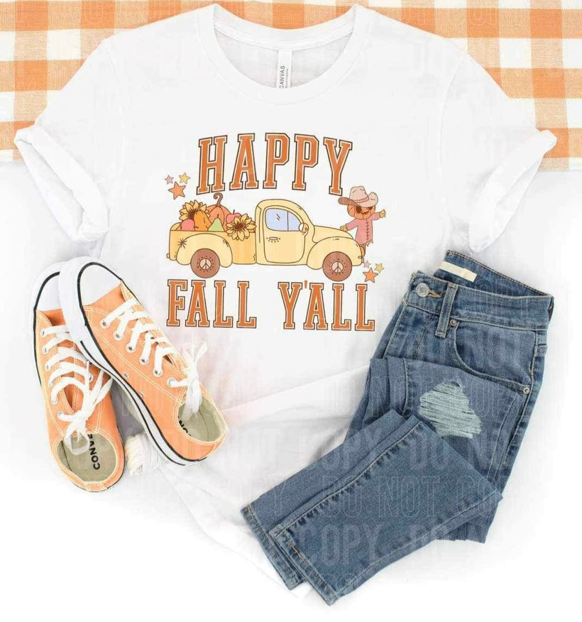Happy fall yall (yellow truck with scarecrow, pumpkins and sunflowers) 16007 DTF Transfer
