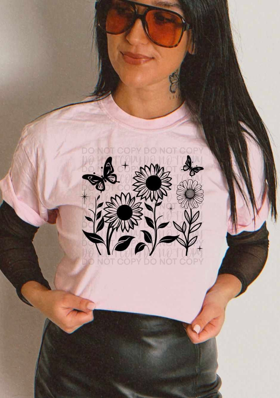 BLACK sunflowers and butterflies (SSD) 31994 DTF transfer