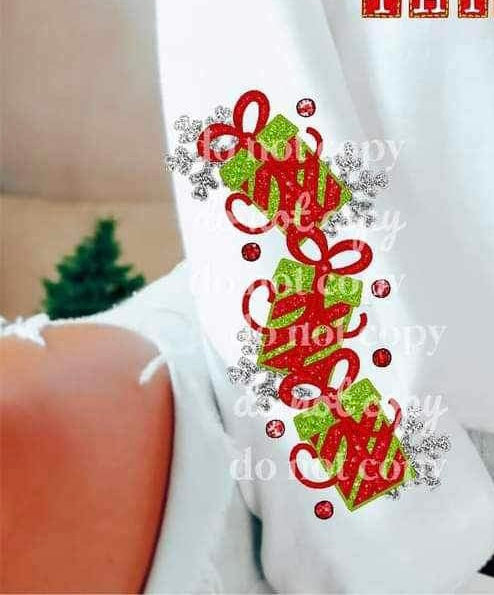 Sequin green and red presents with snowflakes SLEEVE 11849 DTF transfer