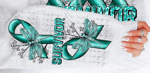 Pcos survivor (teal with sequin writing, ribbons and dragonflies) SLEEVE 9919 DTF TRANSFER