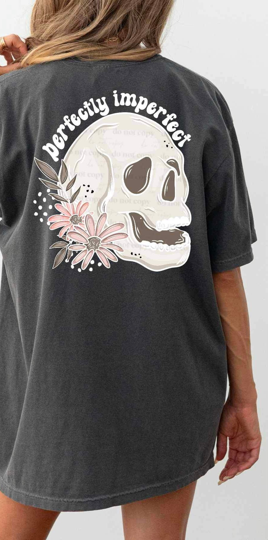 Perfectly imperfect skull with two pink flowers (CSC) 24375 DTF transfer