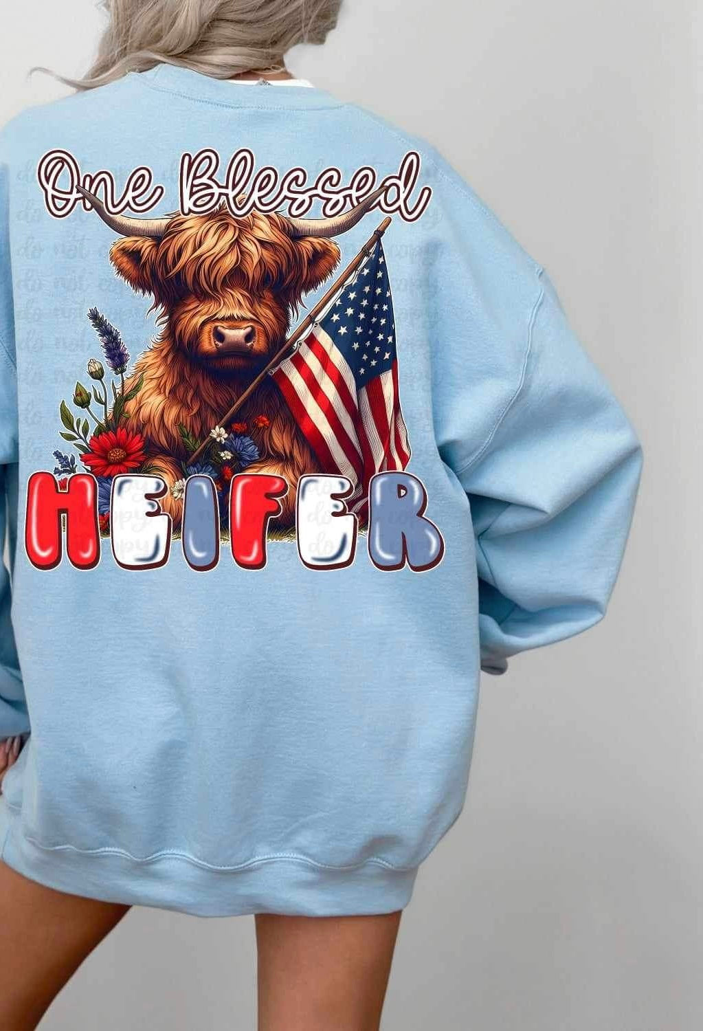 One blessed heifer shaggy cow with flag 26534 DTF transfer