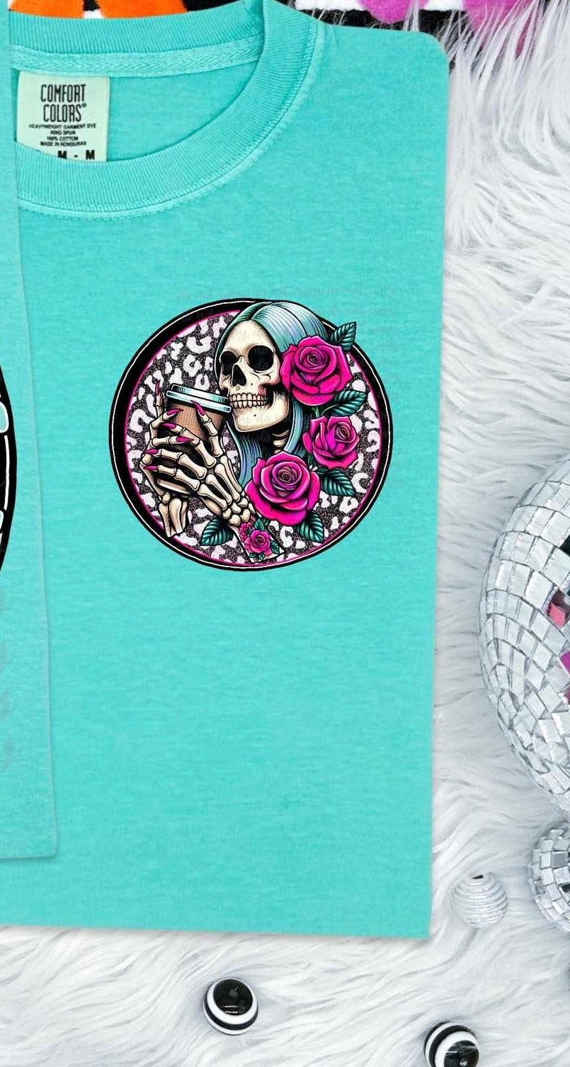 Skellie with roses and coffee 32318 DTF transfer