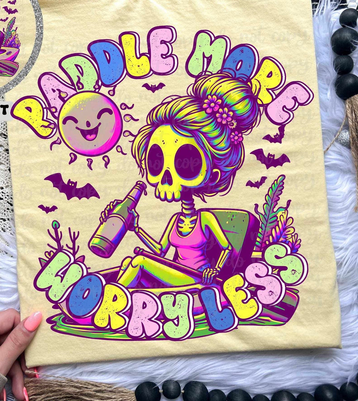 Paddle more worry less skellie drinking in kayak 32313 DTF transfer