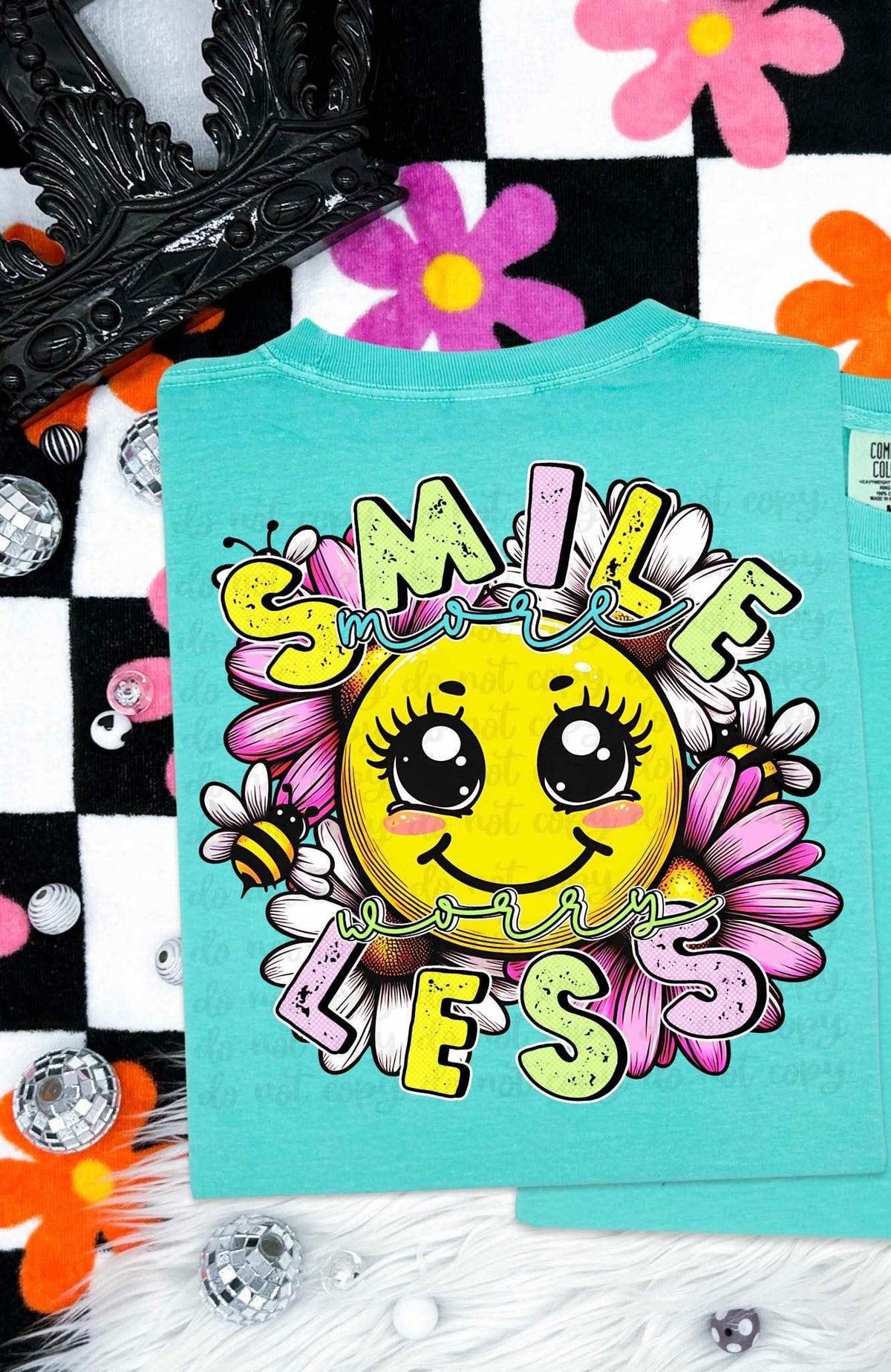 Smile more worry less happy face with pink flowers 31285 DTF transfer