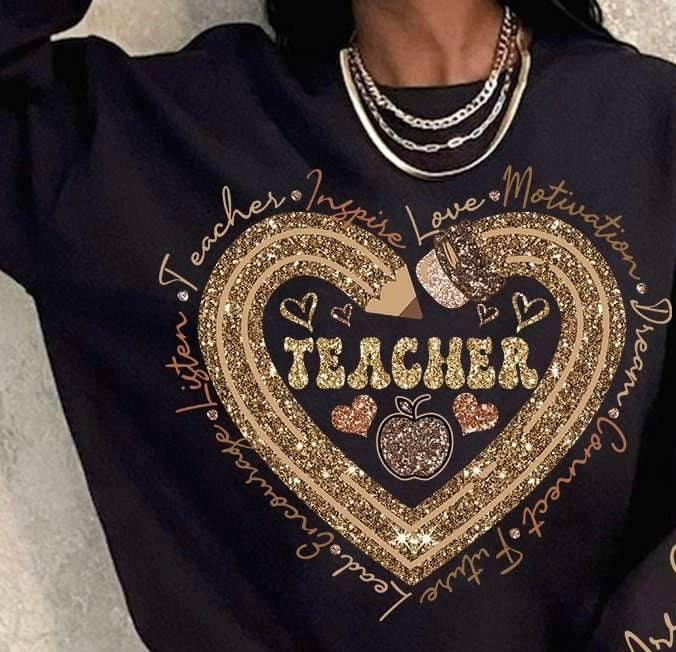 Gold teacher pencil heart 23920 DTF transfer