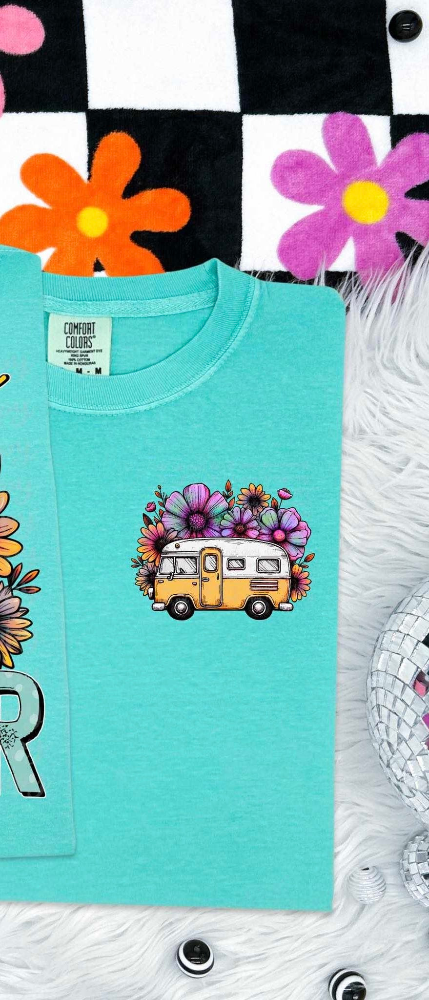 yellow camper with flowers 32016 DTF transfer