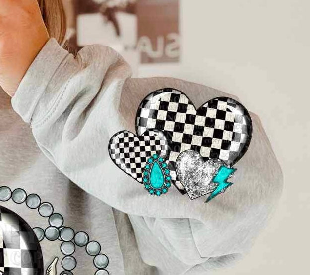 Checkered hearts with turquoise SLEEVE (AG) 21597 DTF transfer