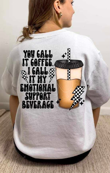 You call it coffee I call it my emotional support beverage iced coffee with checkered lightening bolt (LYTTLE) 35577 DTF transfer