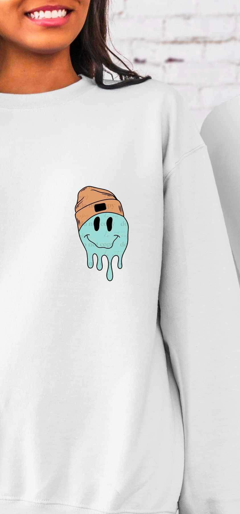 Blue dripping smiley with orange hat 16046 DTF Transfer