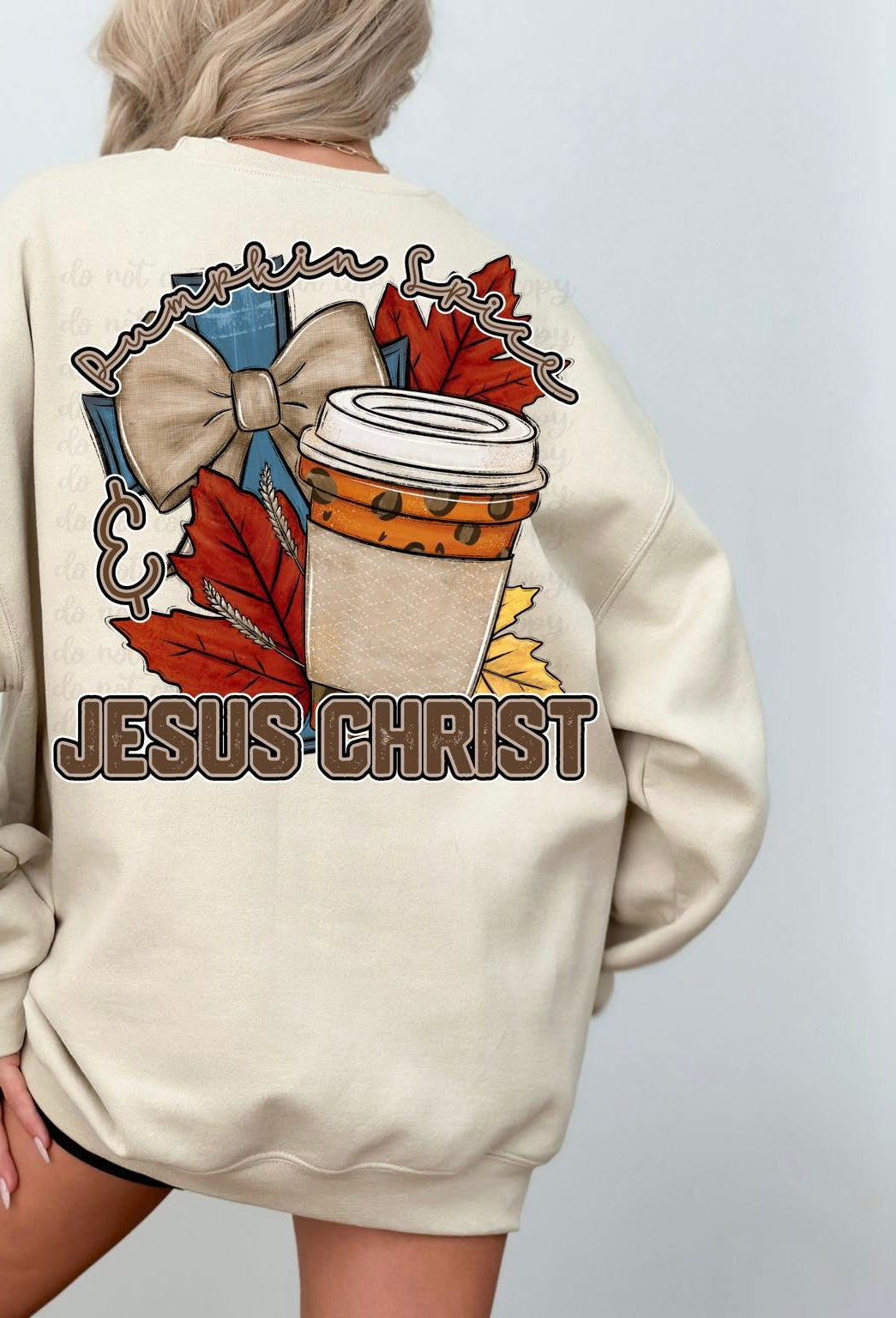 Pumpkin spice & jesus christ latte, red leaves, and blue cross 36416 DTF transfer