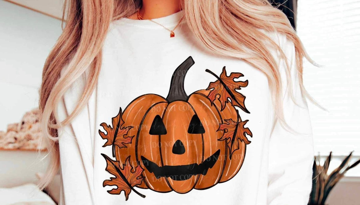 Rustic pumpkin FACE with leaves SLEEVE NOT INCLUDED 10342 DTF TRANSFER