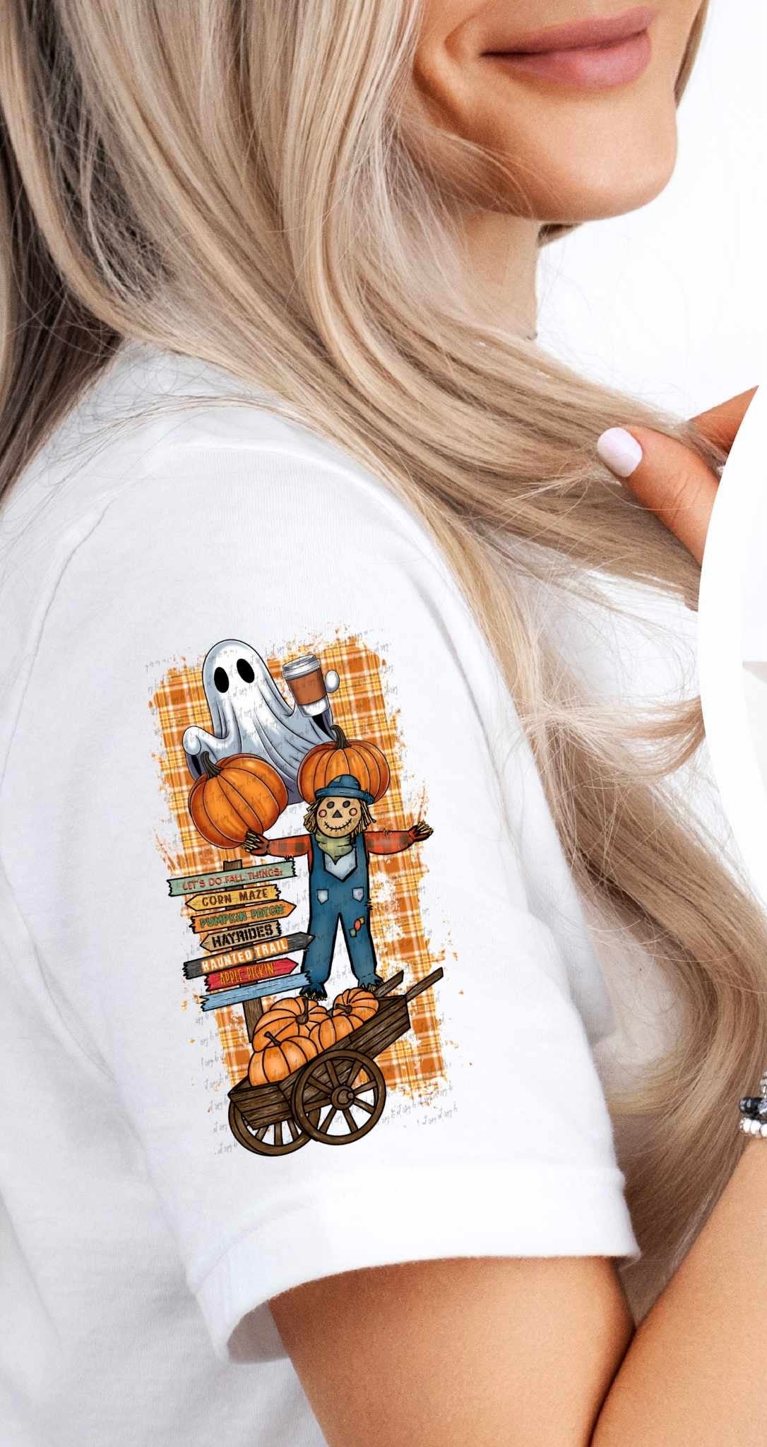 Scarecrow ghost with pumpkins plaid background SLEEVE (CSTAGE) 41807 DTF TRANSFER