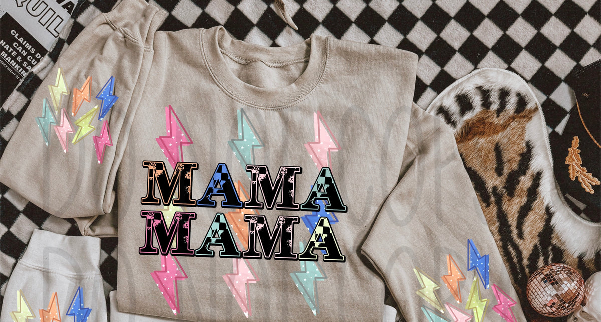 Mama stacked (2) with colorful lightning bolts (VIRGO) 33221 DTF transfer