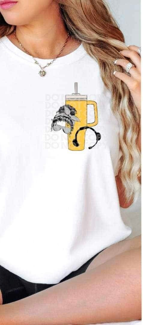 Messy bun, yellow cup, headset 19426 DTF Transfer