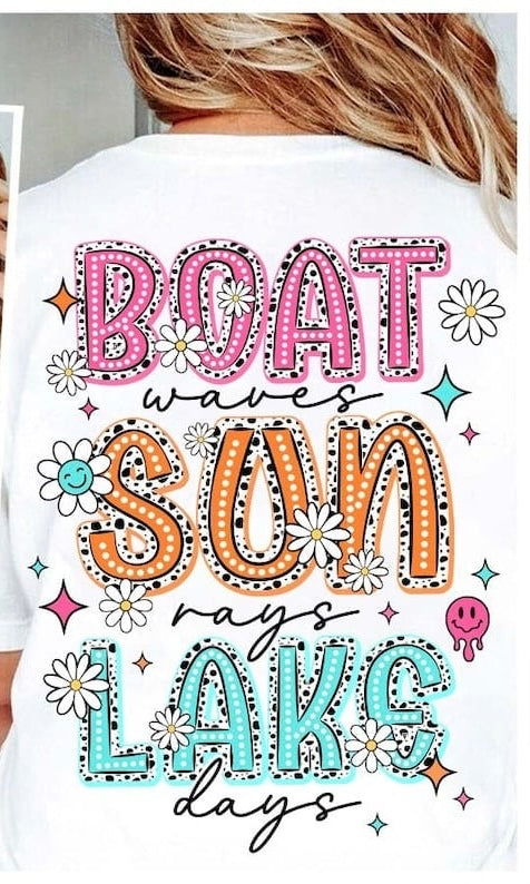 Boat waves sun rays lake days colorful and black font 37568 DTF transfer