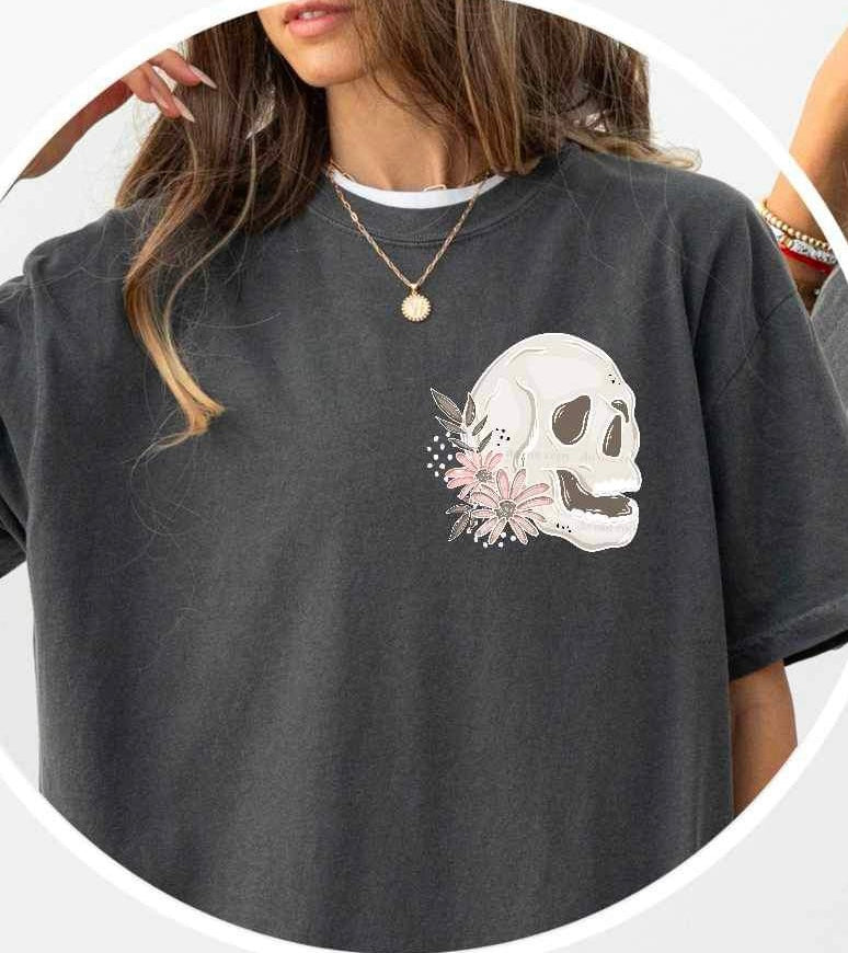 skull with two pink flowers LIGHT (CSC) 24376 DTF transfer