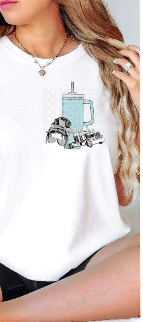 Messy bun, blue cup, truck 19459 DTF Transfer