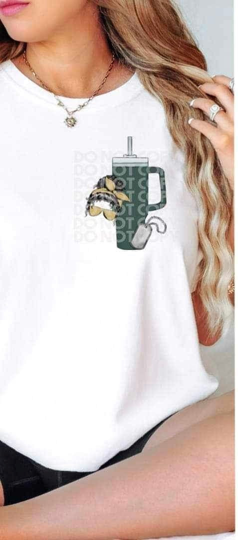 Messy bun, green cup, veteran tag 19419 DTF Transfer
