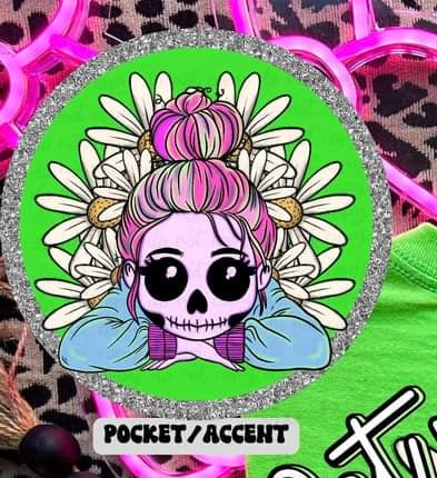 Pink hair skellie with daisies 32811 DTF transfer