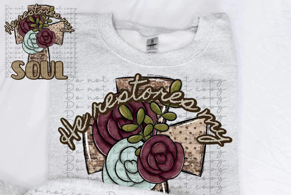 He restores my soul (brown cross with flowers) 11667 DTF TRANSFER