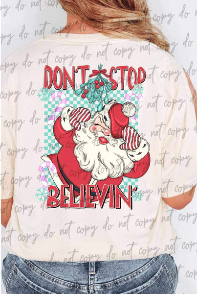 Dont stop believing santa with blue checkered background BACK 9956 DTF TRANSFER